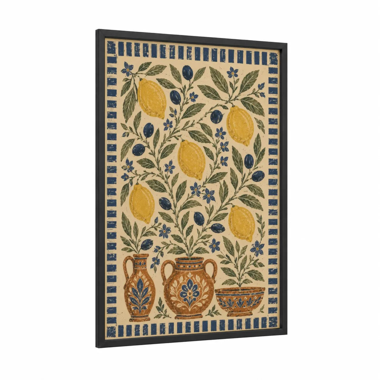 Mediterranean Lemon Tree Pottery Wall Art framed leaf print — black wood frame — yellow and blue palette