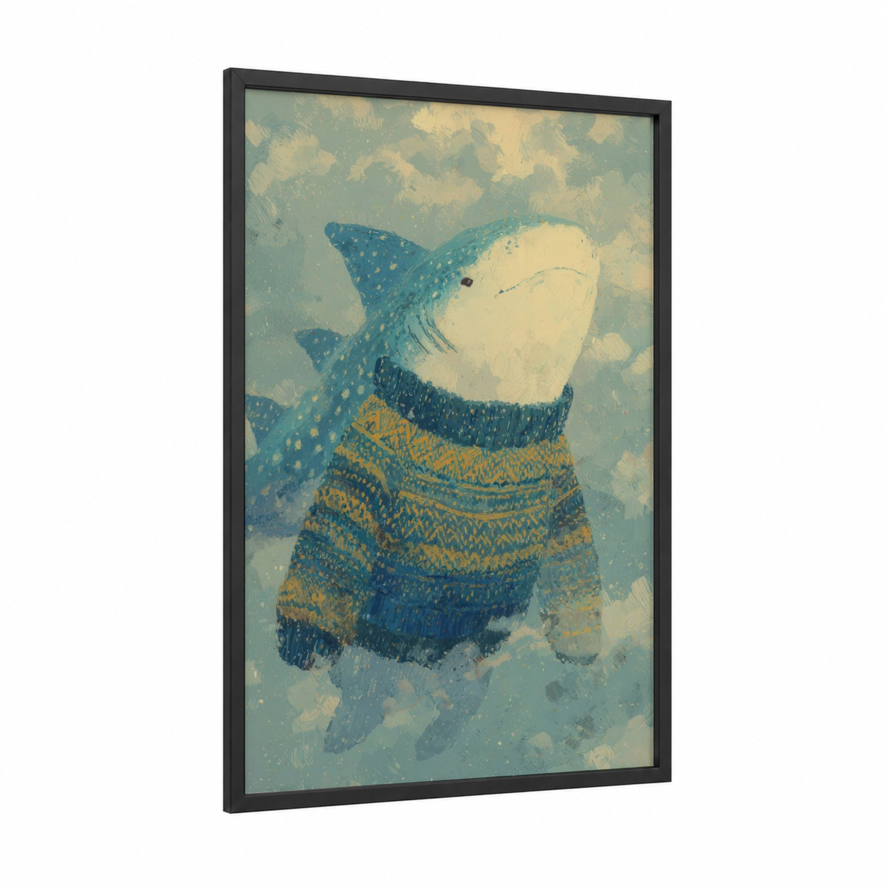 Cozy Whale Shark framed art print — black wood frame — blue and gold palette