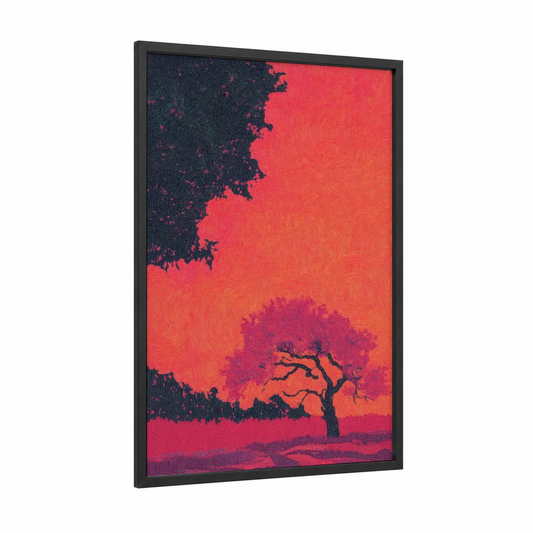 Crimson Savanna Cross framed christian symbols print — black wood frame — red and magenta palette