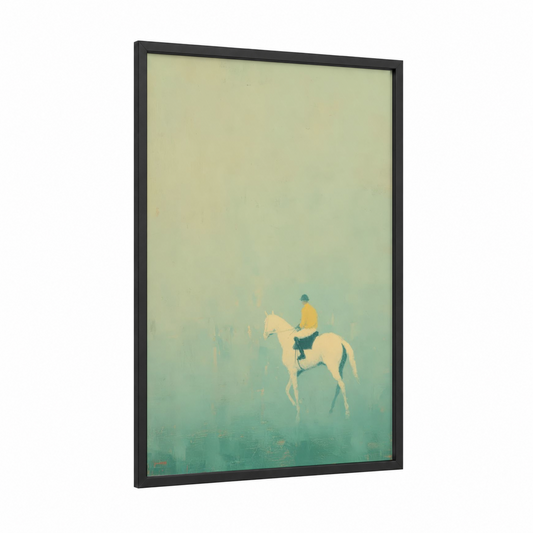 Misty Rider framed horse racing print — black wood frame — light green and yellow gold palette