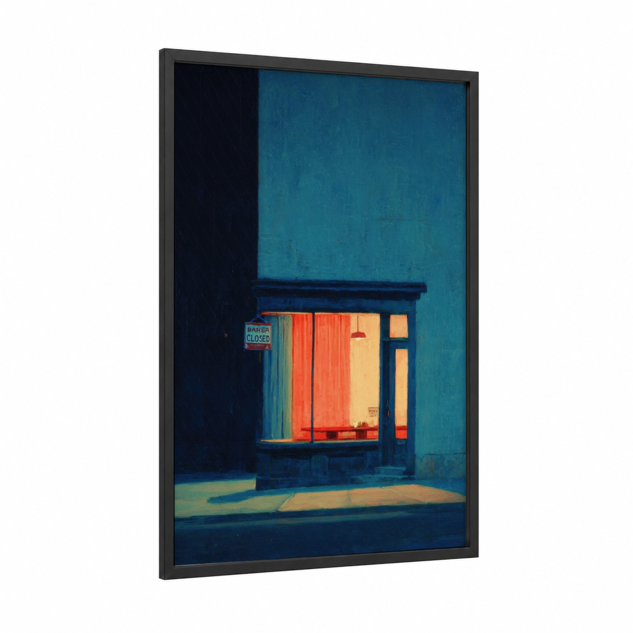 Closed Storefront framed window print — black wood frame — teal and dark blue palette