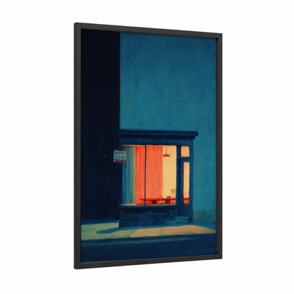 Closed Storefront framed window print — black wood frame — teal and dark blue palette