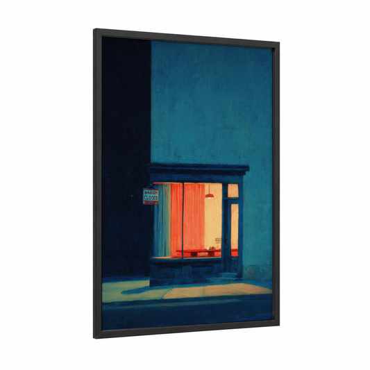 Closed Storefront framed window print — black wood frame — teal and dark blue palette