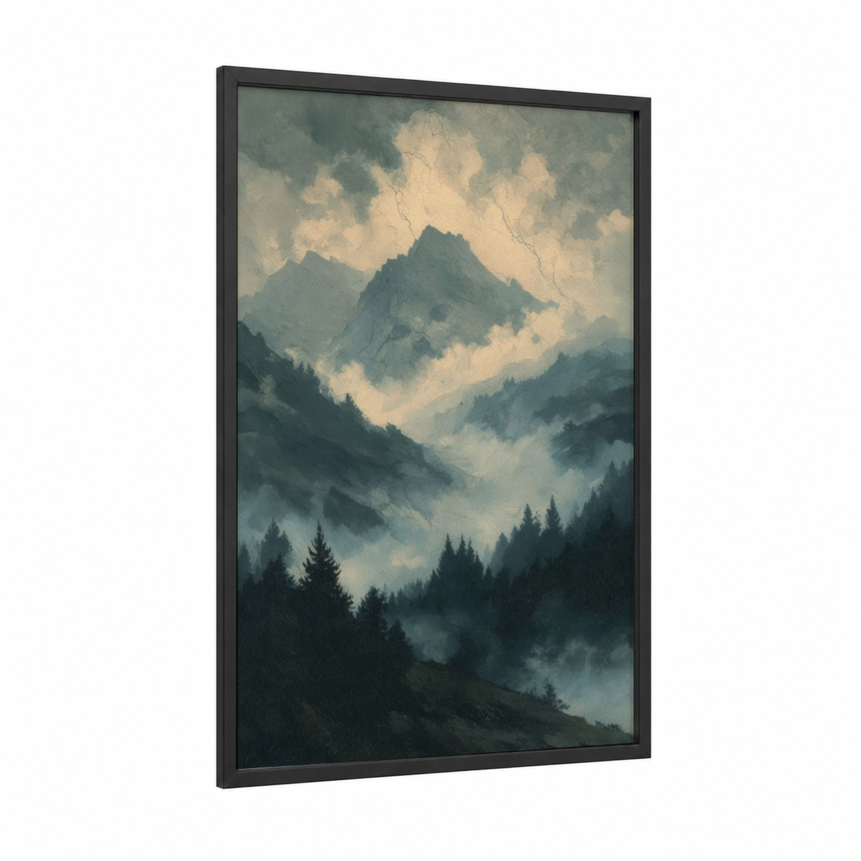 Alpine Storm framed art print — black wood frame — gray and black and white palette