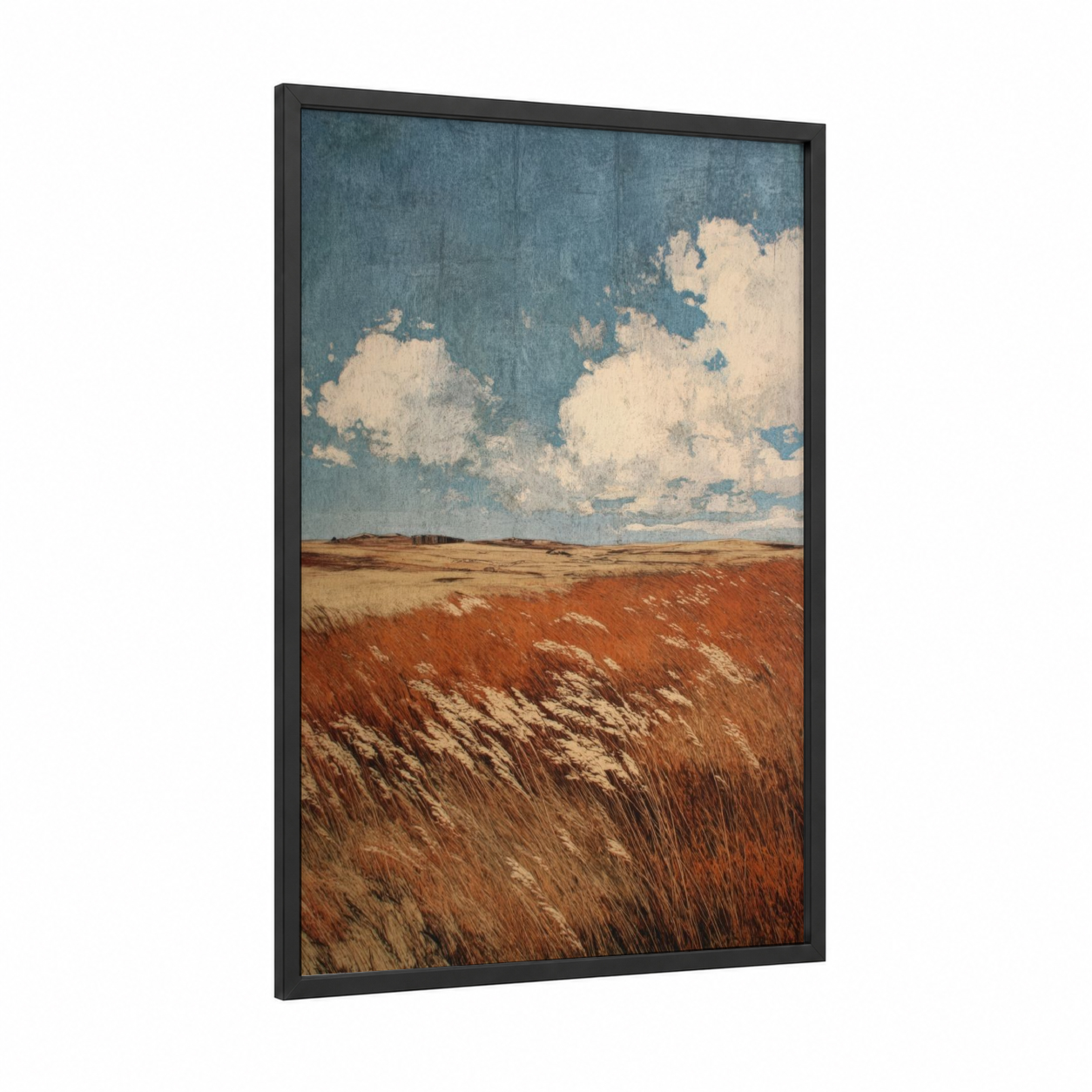 Golden Autumn Field framed art print — black wood frame — gold and blue palette