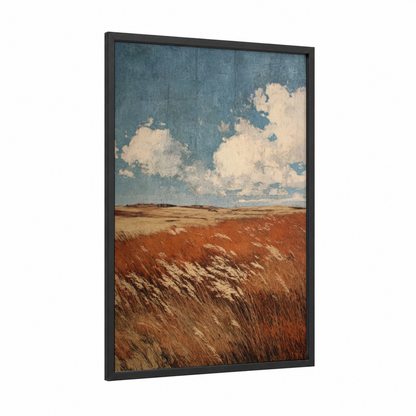Golden Autumn Field framed art print — black wood frame — gold and blue palette