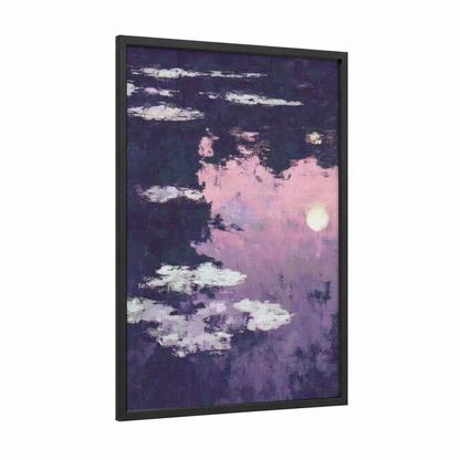 Twilight Moon framed art print — black wood frame — purple and pink palette