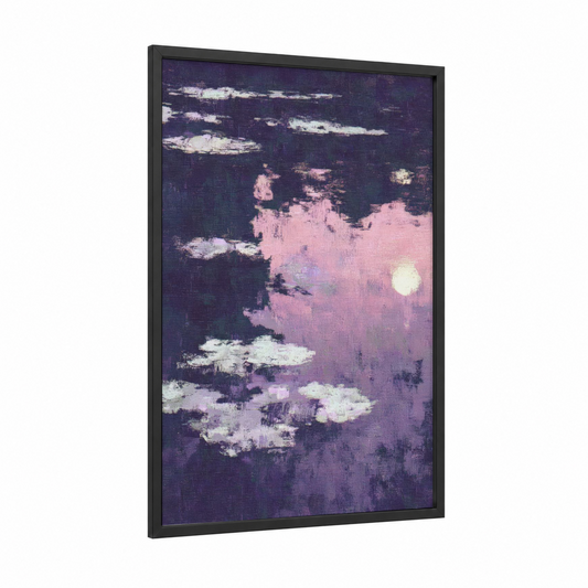 Twilight Moon framed art print — black wood frame — purple and pink palette