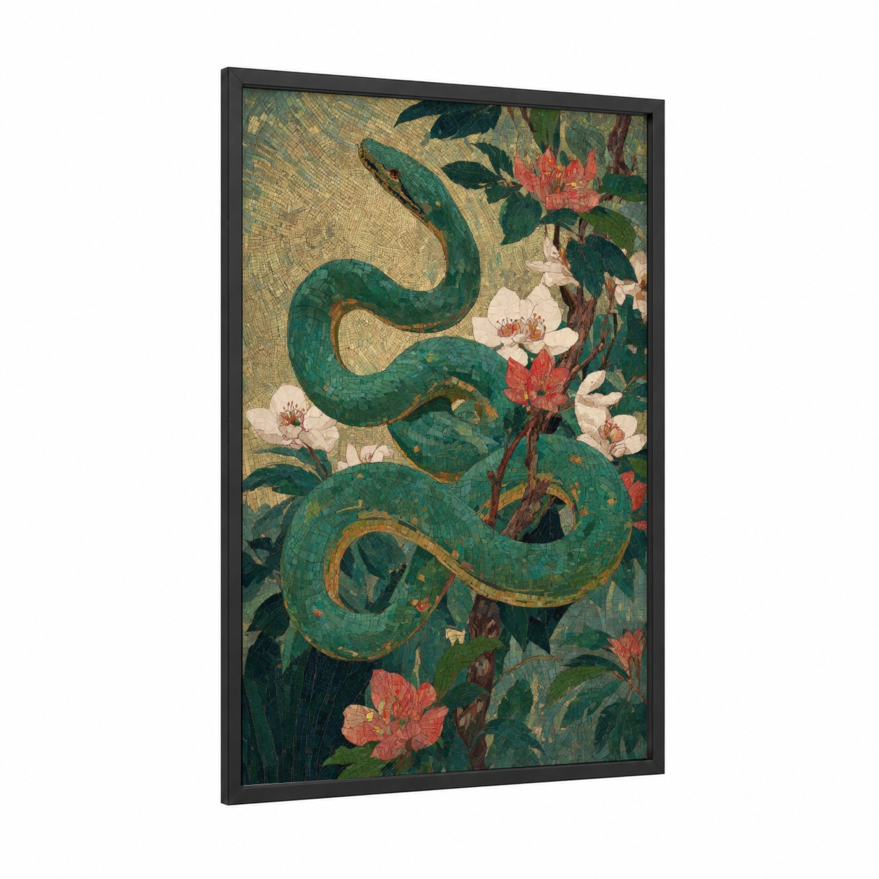 Emerald Garden Serpent framed boa constrictor print — black wood frame — true green and gold and white palette