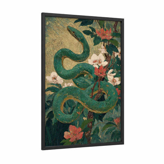 Emerald Garden Serpent framed boa constrictor print — black wood frame — true green and gold and white palette