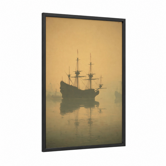 Misty Galleon framed old ships print — black wood frame — gold and black and white palette