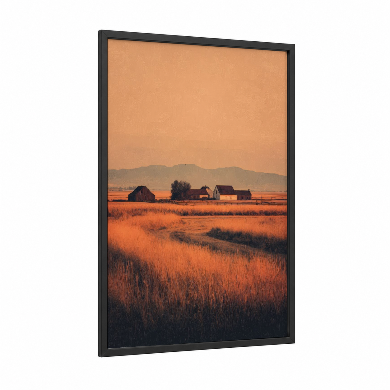 Golden Hour Village framed art print — black wood frame — orange and gold palette