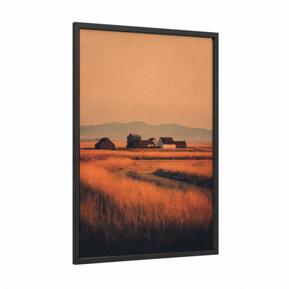 Golden Hour Village framed art print — black wood frame — orange and gold palette