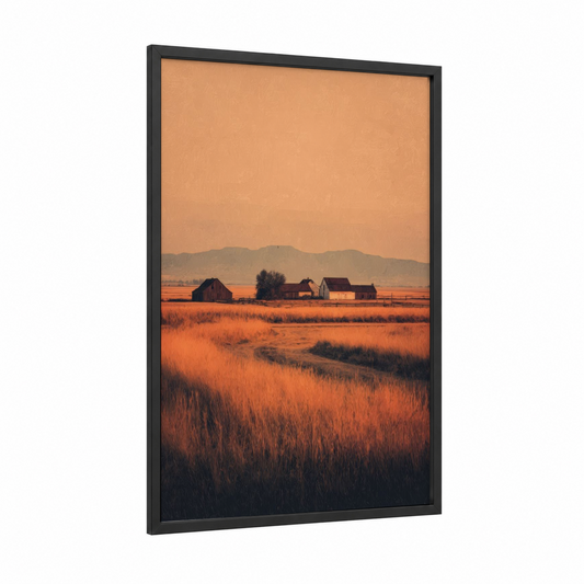 Golden Hour Village framed art print — black wood frame — orange and gold palette