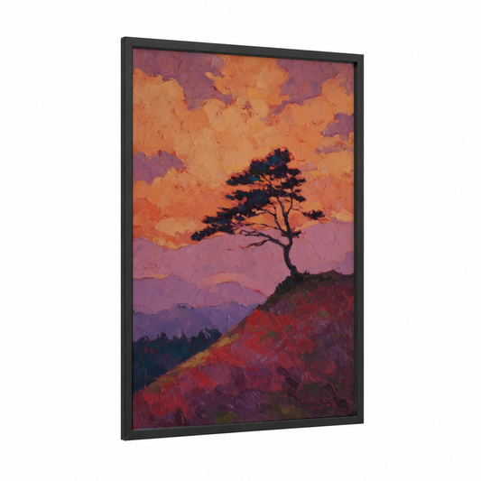Sunset Kauri framed kauri tree print — black wood frame — orange and purple palette