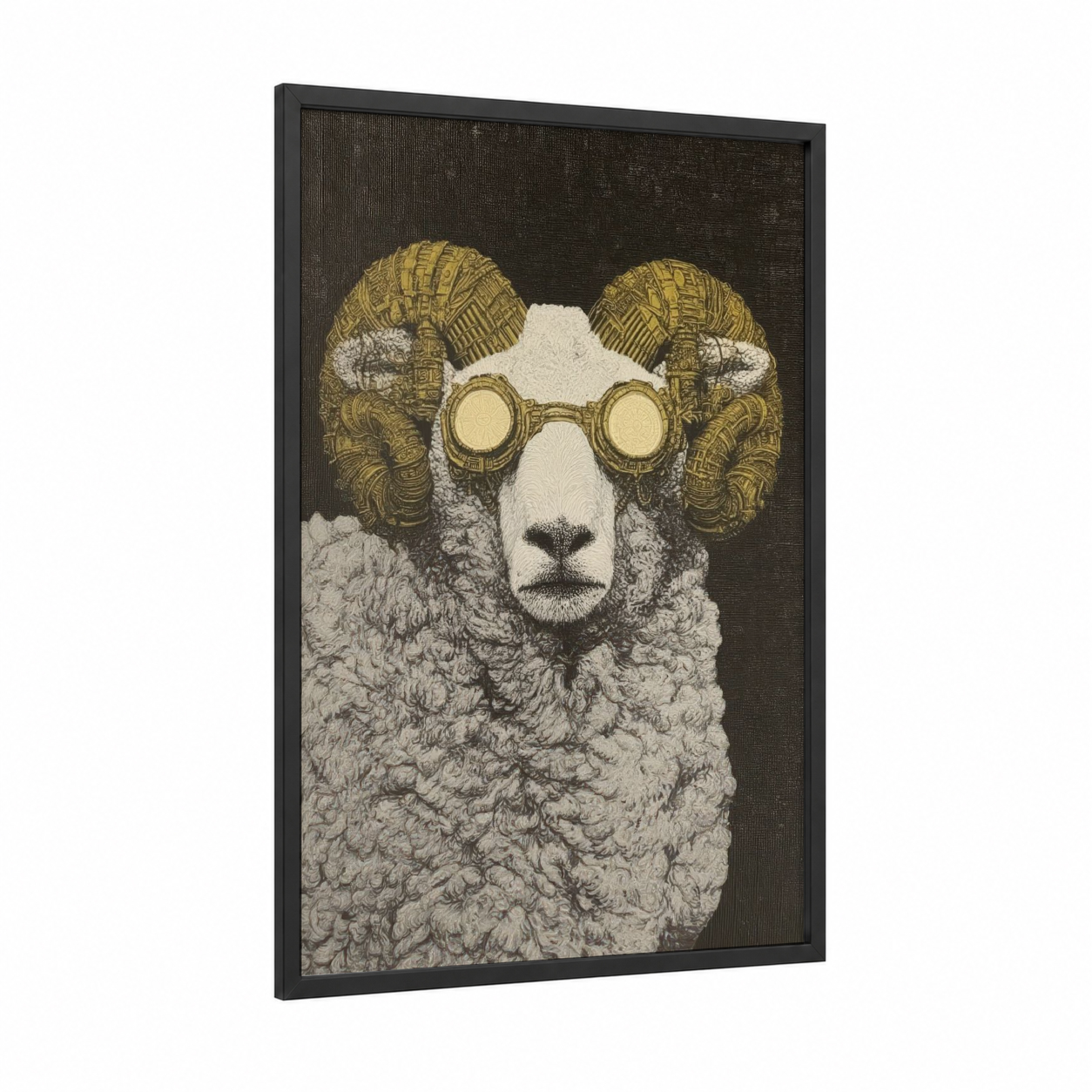 Steampunk Sheep framed art print — black wood frame — gold and black and white palette
