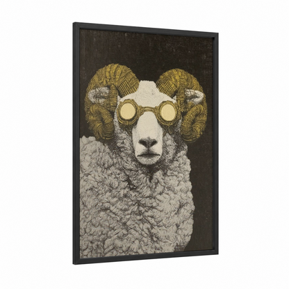 Steampunk Sheep framed art print — black wood frame — gold and black and white palette