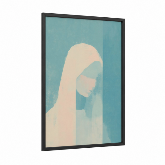 Serene Virgin framed virgin mary print — black wood frame — blue and white and cream palette