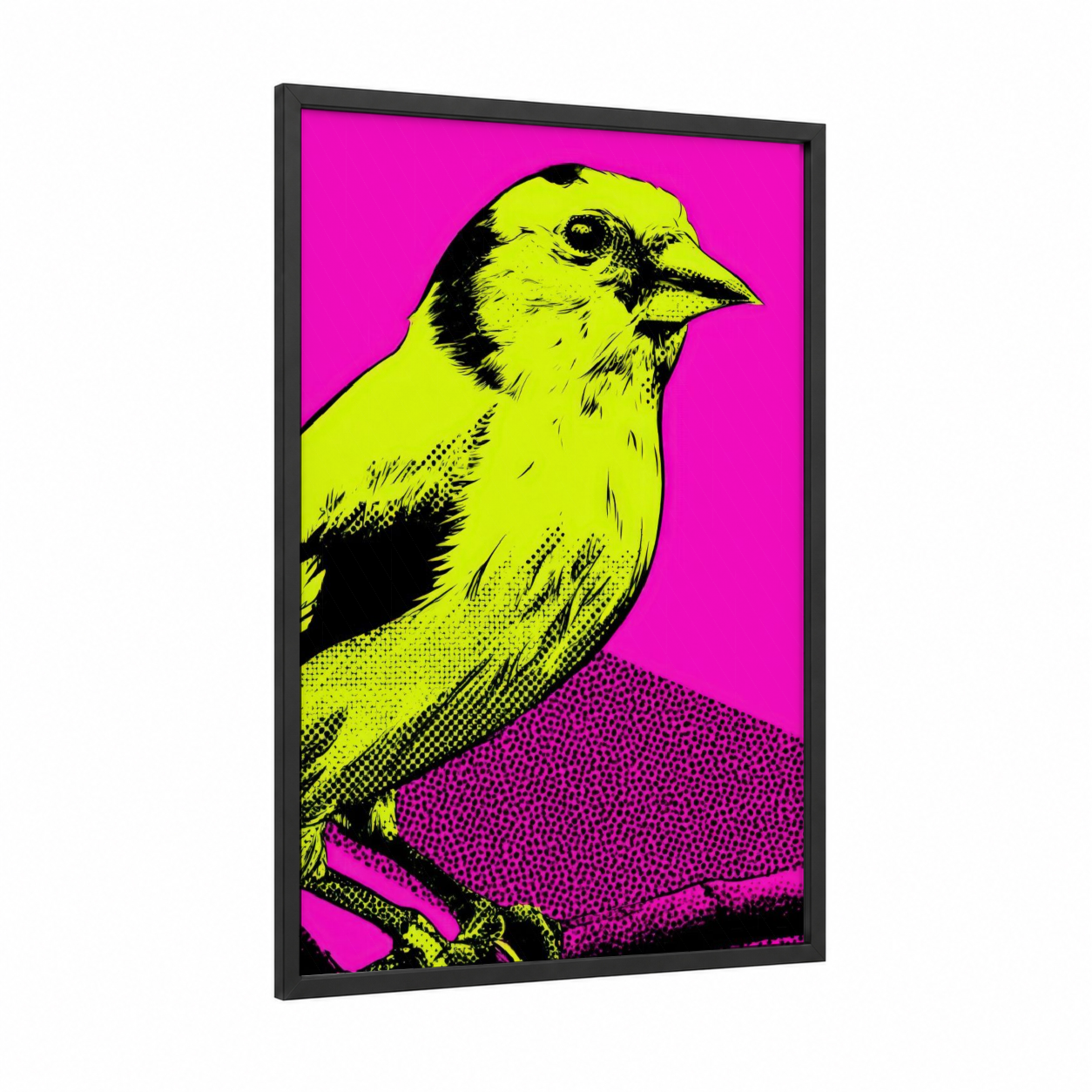Neon Canary framed canaries print — black wood frame — magenta and yellow palette