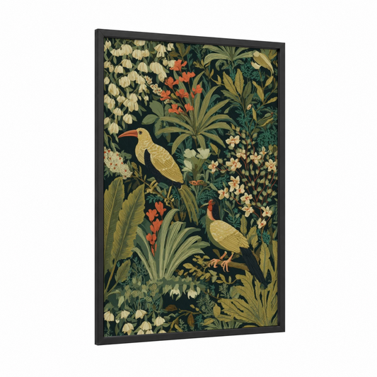 Tropical Bird Garden framed summer print — black wood frame — dark green and gold palette