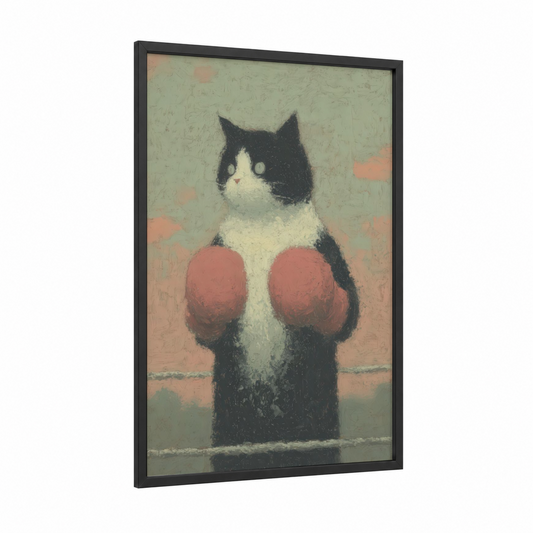 Boxing Cat Stance framed art print — black wood frame — sage green and salmon pink palette