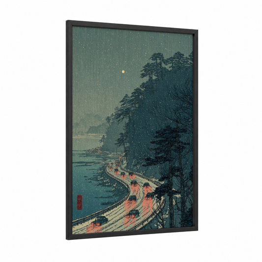 Snowy Mountain Road framed road and highways print — black wood frame — dark blue and gold palette
