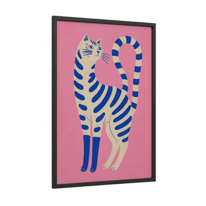 Striped Blue Cat on Pink Wall Art framed art print — black wood frame — pink and blue palette