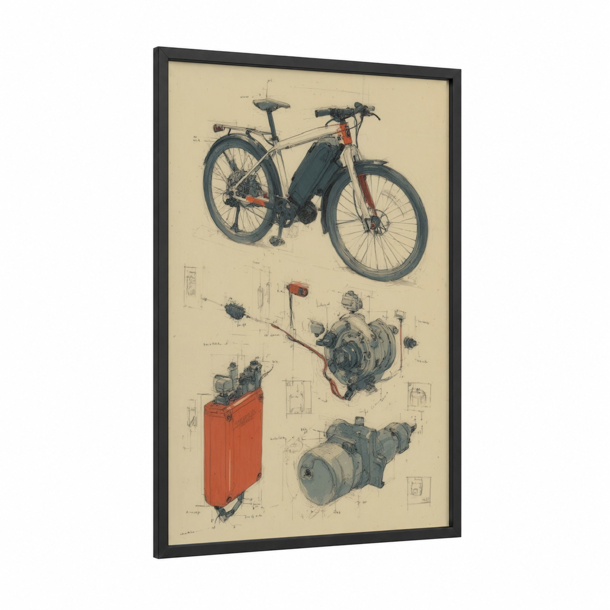 Electric Bike Blueprint framed urban bicycle print — black wood frame — cream and dove gray palette