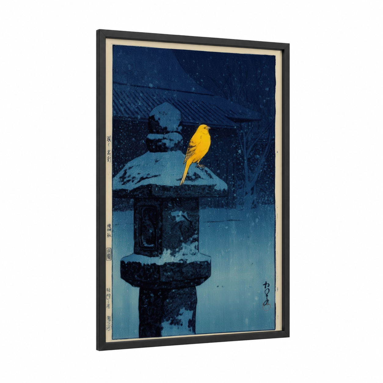 Yellow Canary Winter framed canaries print — black wood frame — dark blue and yellow gold palette