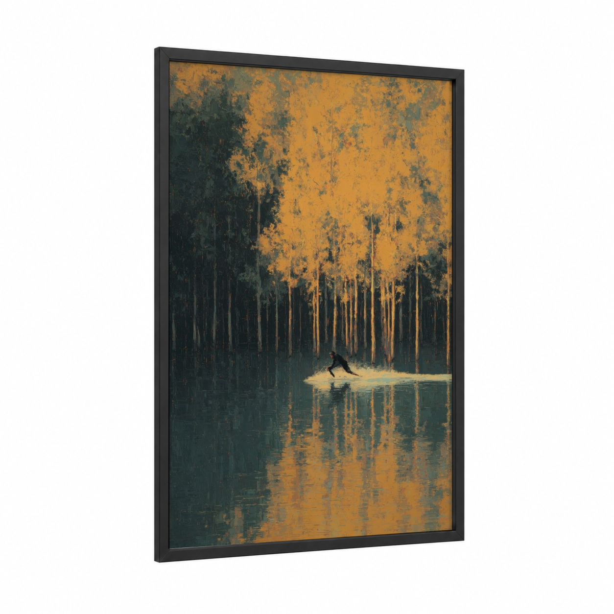 Golden Hour Wakeboarder framed wakeboarding print — black wood frame — gold and teal palette