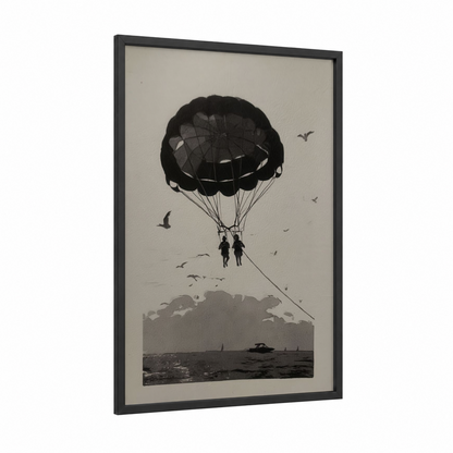 Skyward Parasailing framed art print — black wood frame — black and white palette