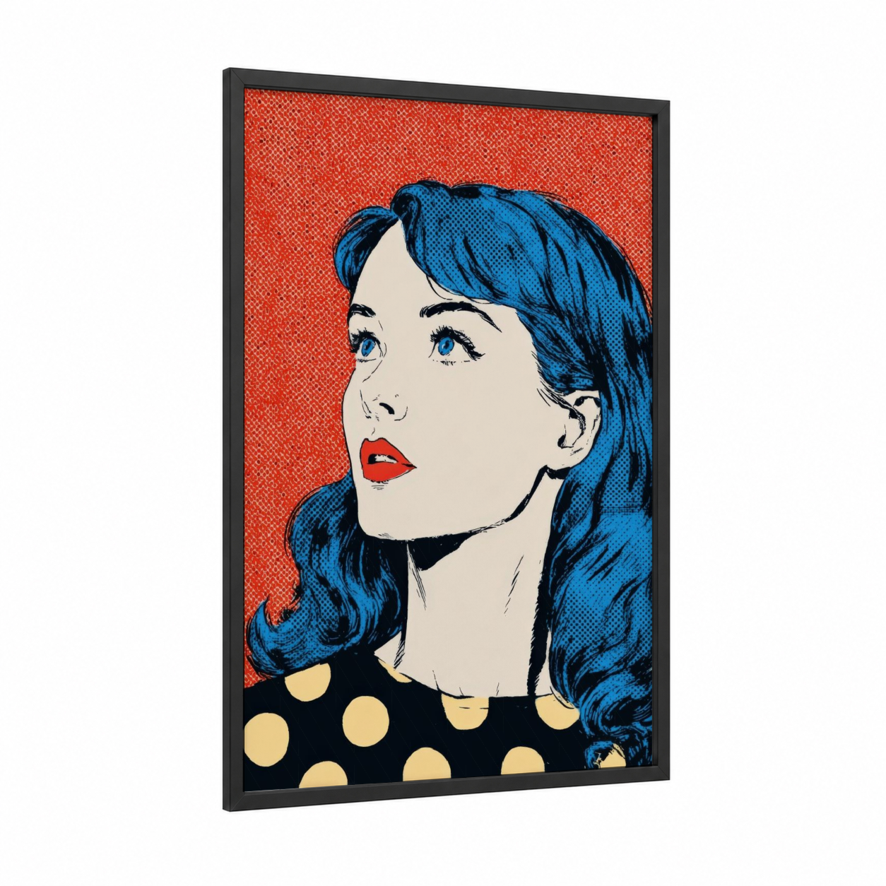 Blue Siren framed art print — black wood frame — red and blue palette