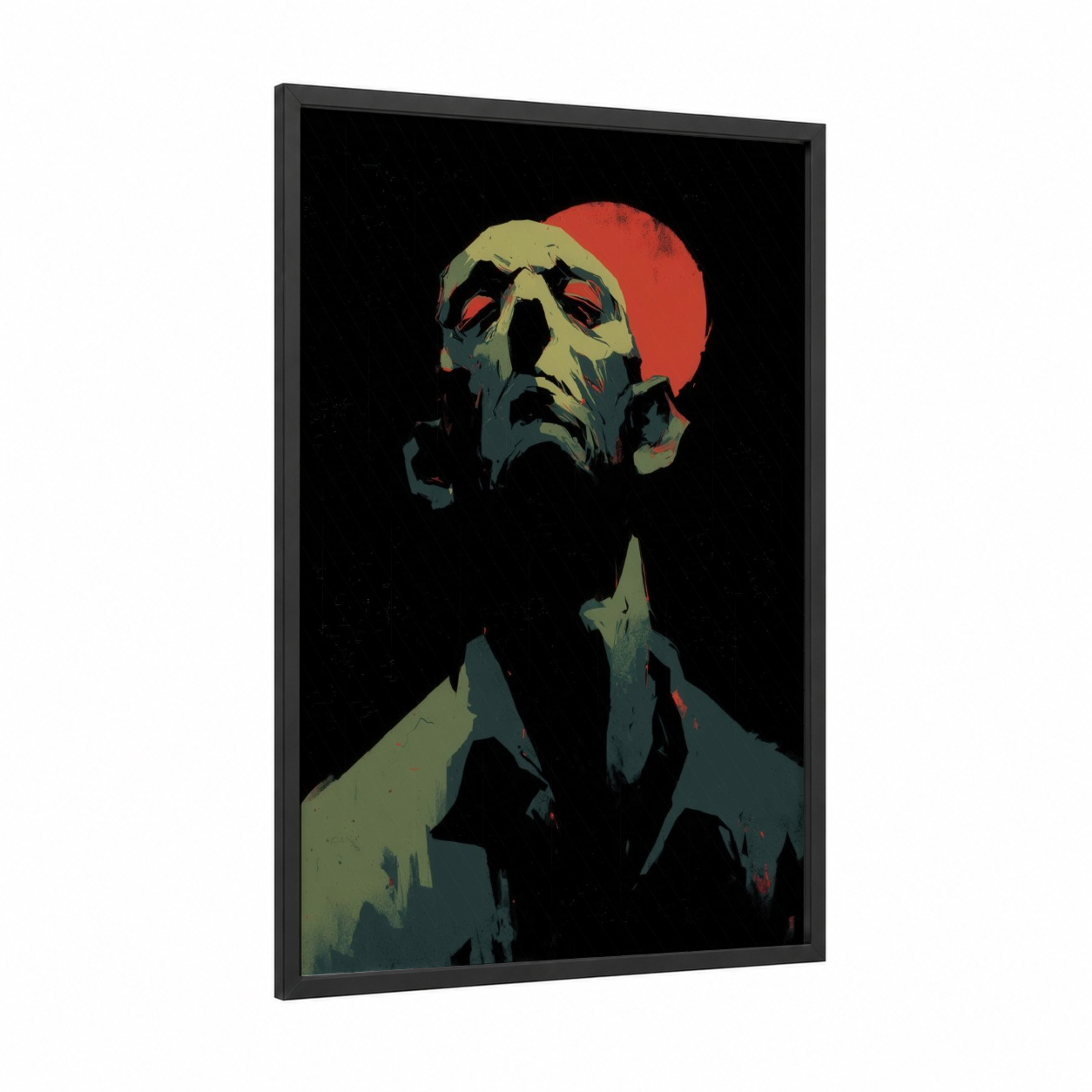Crimson Zombie framed art print — black wood frame — black and red and teal palette