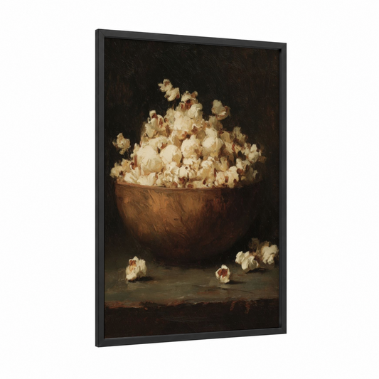 Rustic Popcorn Bowl framed art print — black wood frame — cream and brown palette