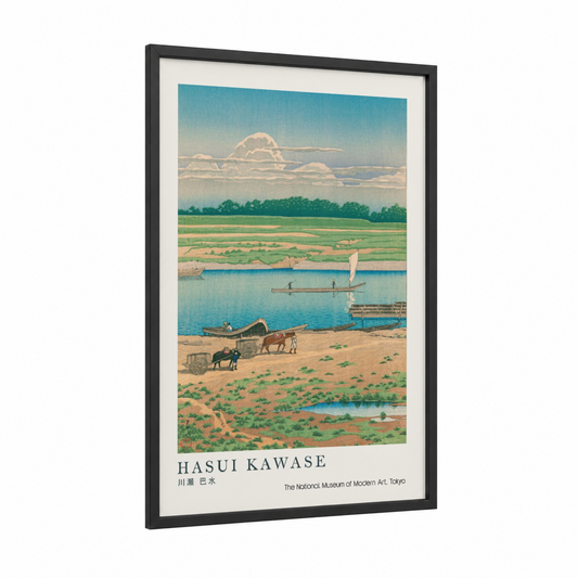 Rural Lake Landscape framed lakes print — black wood frame — light green and blue palette