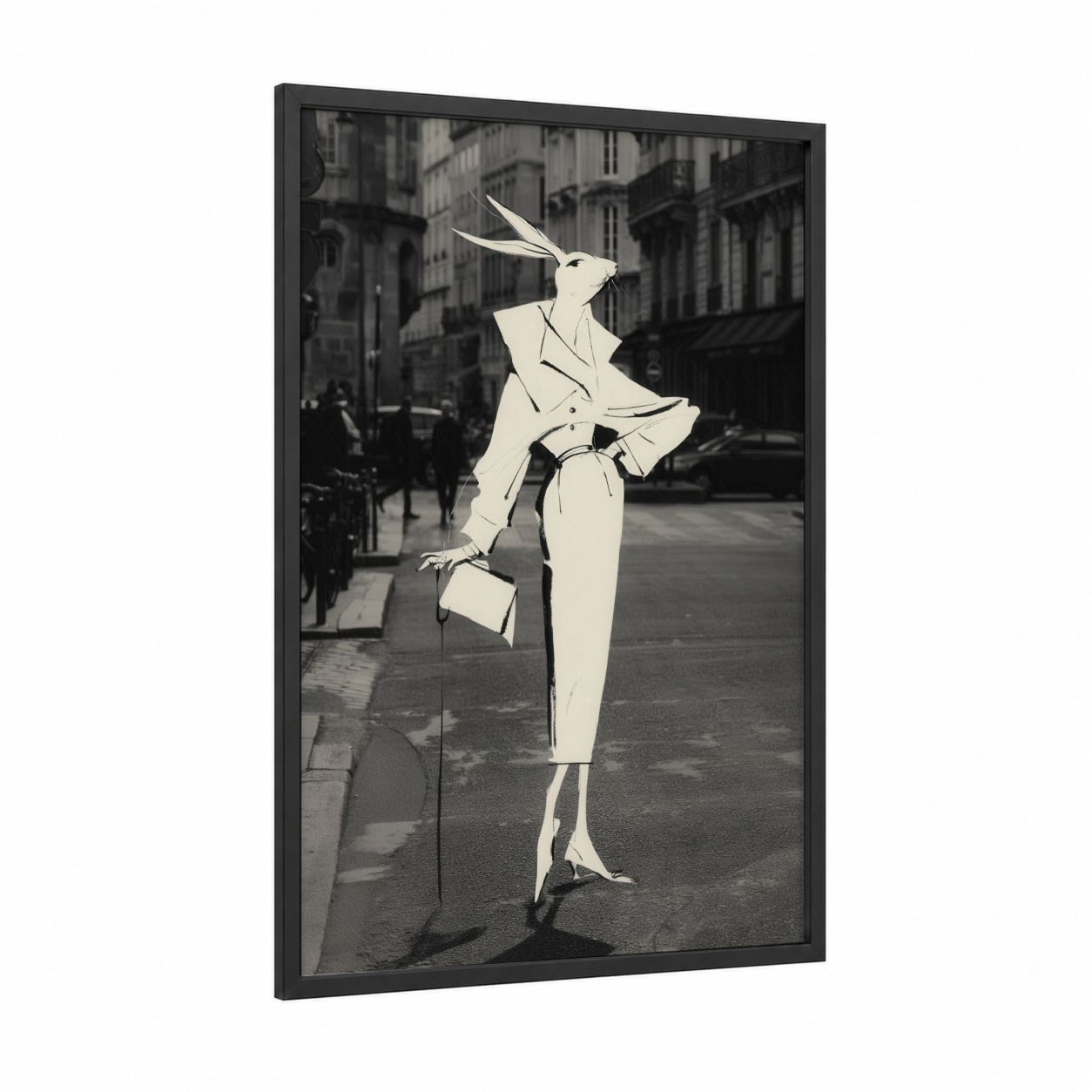Urban Rabbit framed art print — black wood frame — black and white and cream palette