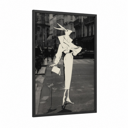 Urban Rabbit framed art print — black wood frame — black and white and cream palette