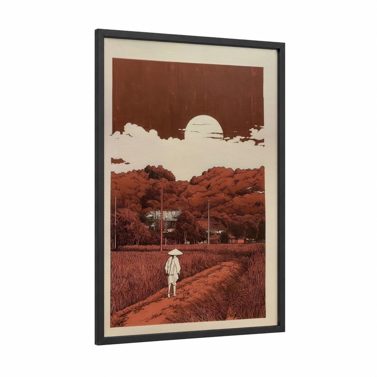 Rural Wanderer framed various landscapes print — black wood frame — russet and cream palette