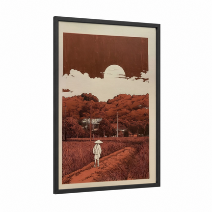Rural Wanderer framed various landscapes print — black wood frame — russet and cream palette