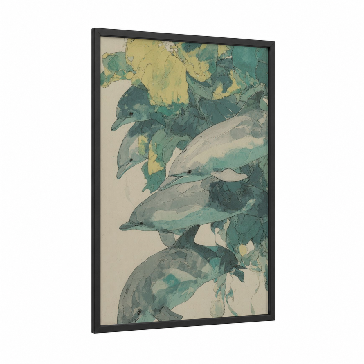 Leafy Dolphins framed art print — black wood frame — teal and light green palette