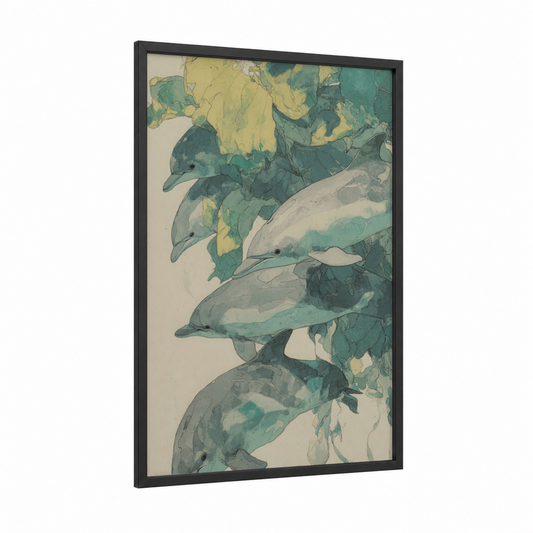 Leafy Dolphins framed art print — black wood frame — teal and light green palette