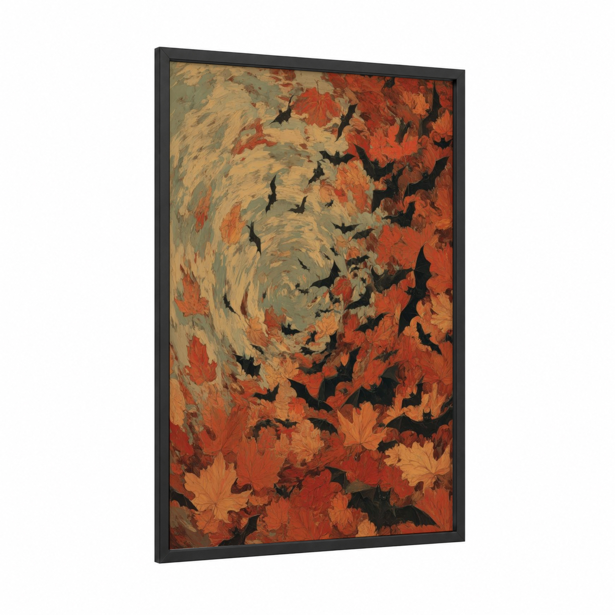 Autumn Bat Swirl framed art print — black wood frame — orange and gold palette