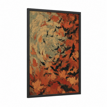 Autumn Bat Swirl framed art print — black wood frame — orange and gold palette