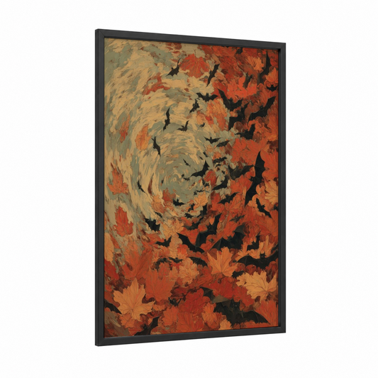 Autumn Bat Swirl framed art print — black wood frame — orange and gold palette