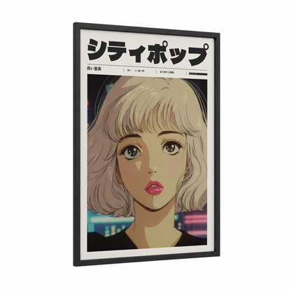 Neon Dreamer framed anime and manga print — black wood frame — blue and cream palette