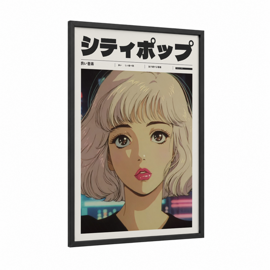 Neon Dreamer framed anime and manga print — black wood frame — blue and cream palette
