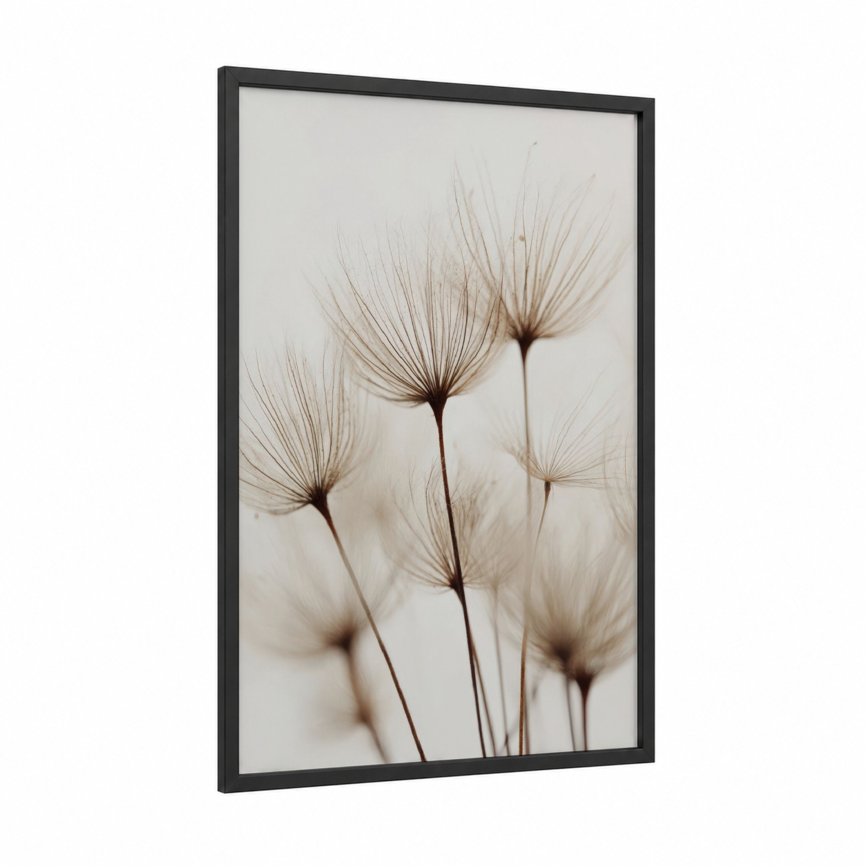 Ethereal Dandelions framed art print — black wood frame — cream and nobel palette