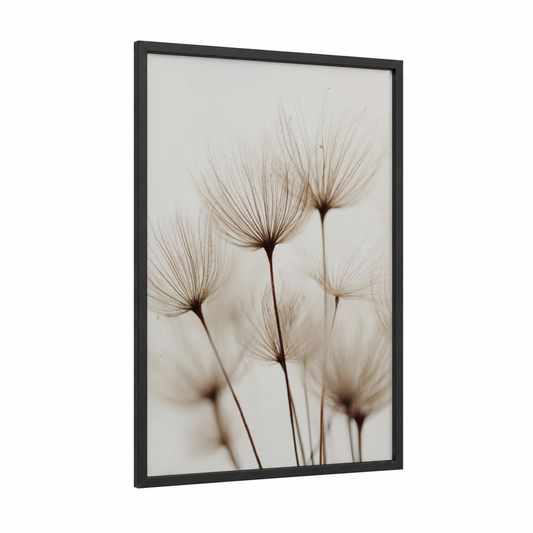 Ethereal Dandelions framed art print — black wood frame — cream and nobel palette