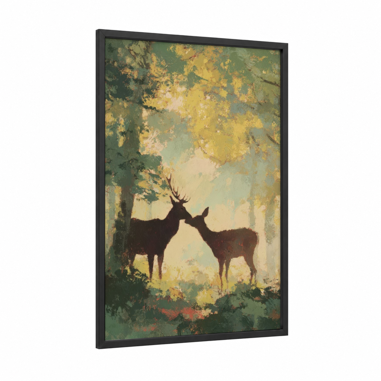 Forest Affection framed animals in love print — black wood frame — dark green and gold and white palette