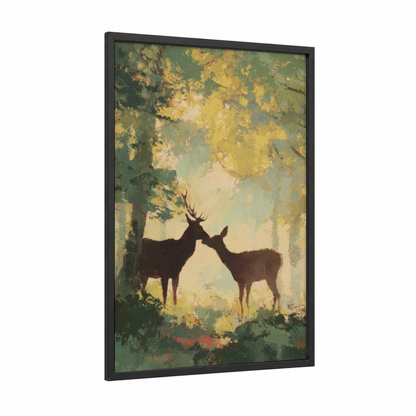 Forest Affection framed animals in love print — black wood frame — dark green and gold and white palette